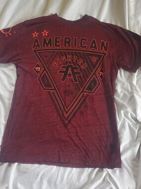 American Fighter 1974 Premium Burgundy Tee with Black and Orange Graphic, Sz L